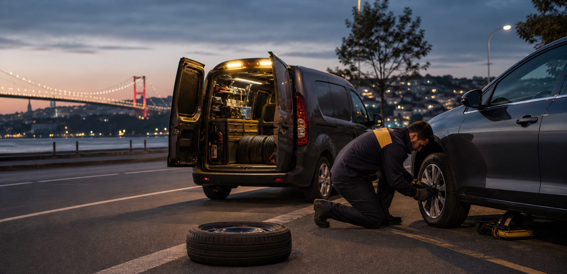 İstanbul'da konuma gelen mobil lastik destek aracı ve lastik değişimi